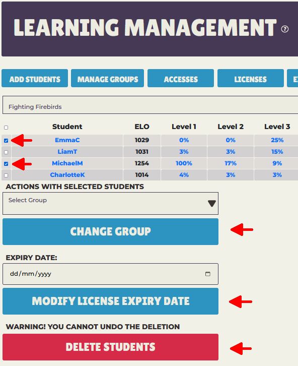 Learning Management - Student Overview Selection Feature